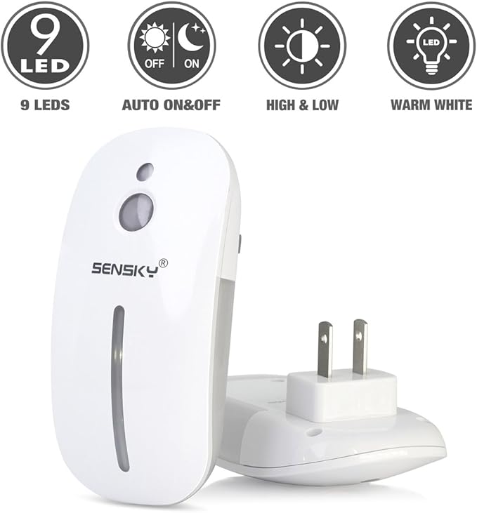 Sensky [2 Pack Plug in Night Light with Auto Dusk to Dawn Sensor, Brightness Adjustable, Dimmable Night Light for Bathroom, Kitchen, Hallway, Stairs, Garages (with Front Light and Back Light)