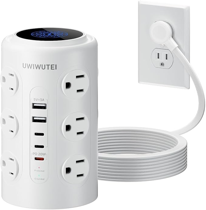 Tower Power Strip with 1 Dedicated PD 20W Fast-Charging Port, 12 Outlets, 5 USB Ports (3 USB-C), 1800J Protector, Desk Charging Station for Multiple Devices, 6FT Extension Cord, Home Office Essentials