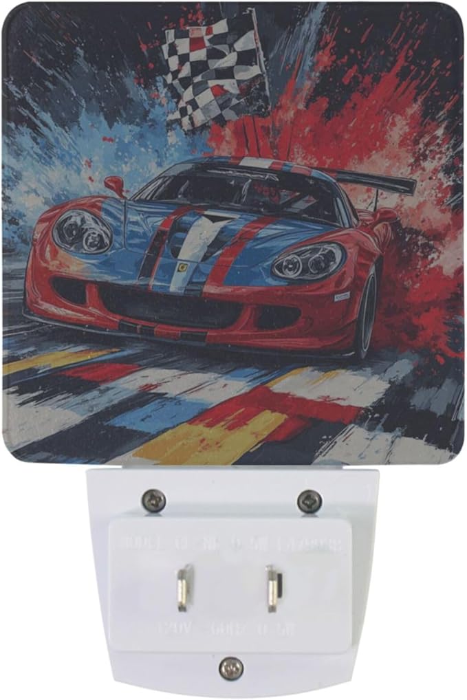 Pigsaly Led Night Light Red Blue Sports Car Checkered Flag Night Light Plug in Wall Lamp Smart Dusk to Dawn Sensor Nightlight Led Lamp Energy Saving Lights Gift for Kids Room Bedroom Bathroom Hallway