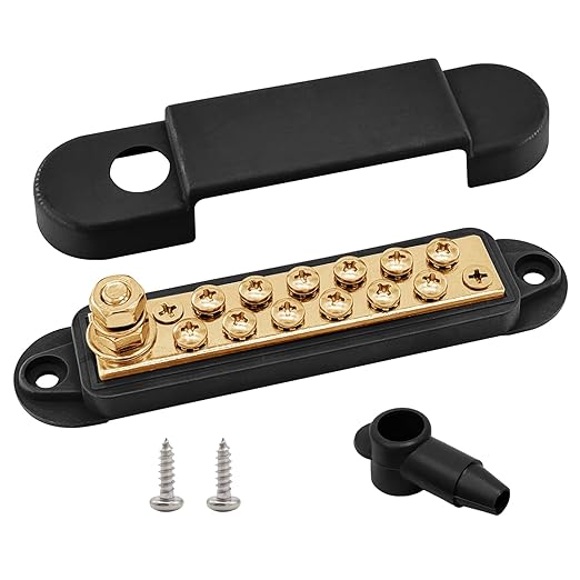 1/4" Stud Power Distribution Block Bus Bar with 12 x #8 Screws, Ampper 5.3" 12V 150A Marine BusBar Brass Battery Distribution Block W/Cover for Car Boat Solar (Black)