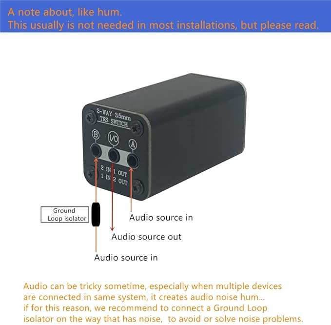 SPRODIO 2 Port Stereo 3.5mm Audio switcher selector Box Passive 1/8 TRS A/B Switch with Ground Switching MD21