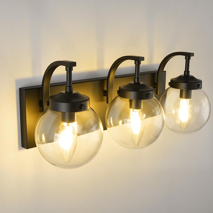 Beionxii Black Bathroom Vanity Light, 3-Light Bathroom Light Fixtures with Clear Glass Shade, Modern Vanity Lights Over Mirror Living Room Hallway, BX-VL03MB-3CG