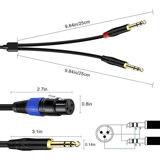 Jozzai 6.35mm Dual TRS to XLR Female Cable for Microphone, Mixer, Amplifier, 1.5 FT, Dual1/4 TRS Male to XLR Audio Cable, Y Splitter Patch Cord, 3-PinXLR to Dual 1/4 Converter Adapter Cable