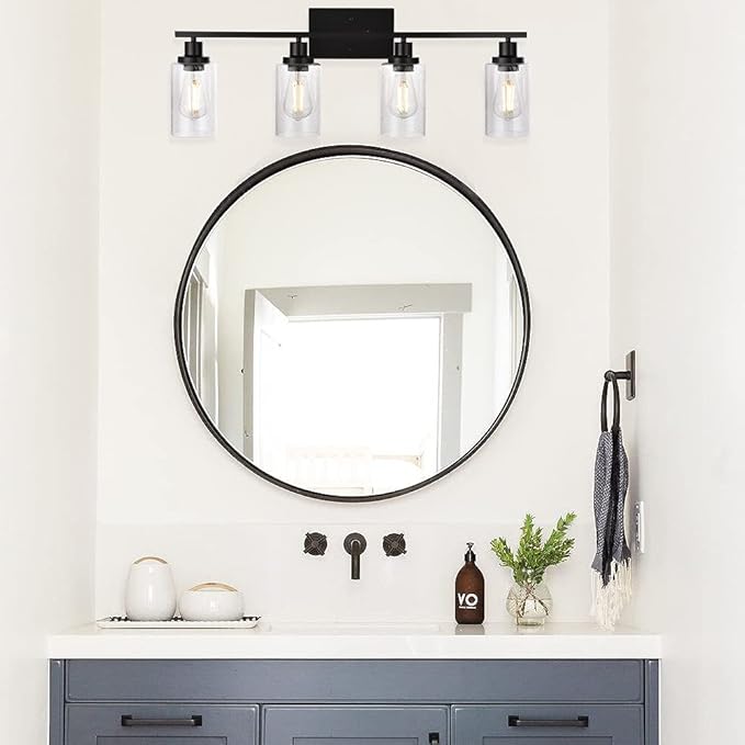WINSHEN Black 4-Light Bathroom Light Fixtures with Seeded Glass Shade, 31-Inches Length Farmhouse Vanity Lights Over Mirror for Cabinet Kitchen Bedroom