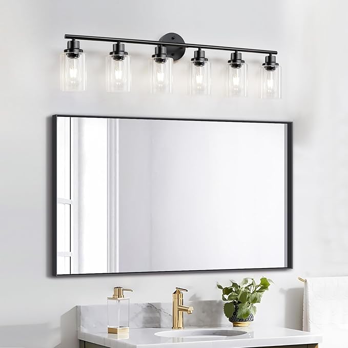 Guliaofo 6-Light E26 Black Bathroom Vanity Lights, Modern Bathroom Light Fixtures with Clear Glass Shade, Wall Lamps for Mirror Hallway Kitchen Cabinet Living Room Sconces Lights
