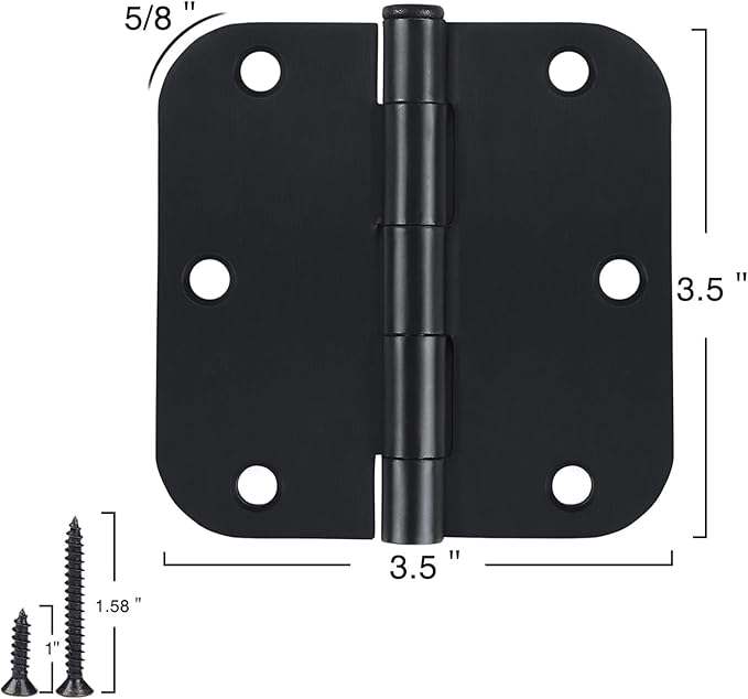 90 Pack Rounded Matte Black Door Hinges 3.5 Inch 5/8" Radius for Interior 3 1/2" Flat Iron Bifold Residential Standard Hinge Bedroom Indoor