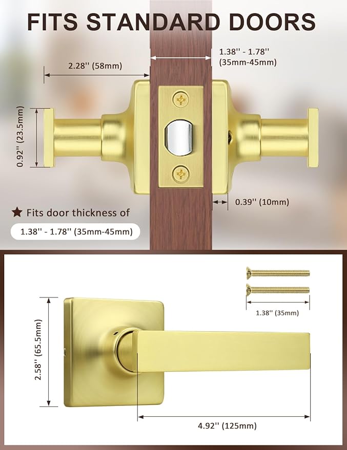 Mengico 8 Pack Passage Door Levers Gold Finish, No-Locking Keyless Square Door Knob, Interior Door Handles for Closet and Hallway, Reversible for Left & Right Handed