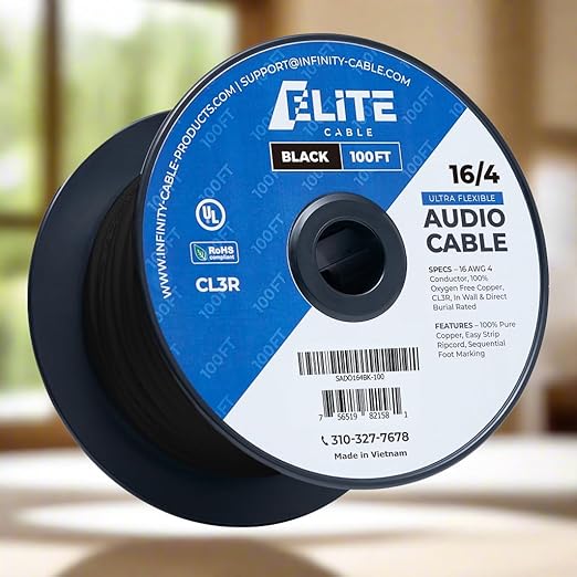 Elite 16/4 Speaker Wire 100ft, UL Listed, CMR/CL3R, (Riser/In-Wall & Outdoor/In-Ground (Direct Burial)- 100% Oxygen Free Pure Bare Copper (OFC), 16AWG/4-Conductor, 100ft Bulk Cable (65 strands), Black