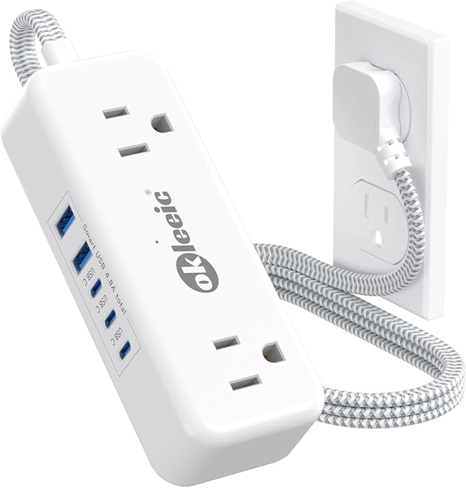 Power Strip with USB C, Small Extension Cord with 4 Outlets & 2 USB-A and 3 USB-C Ports 4.8A/24W Charging Station, 3 Ft 2 Sides Outlet Extender Non Surge Protector for Cruise Ship Travel Office Dorm