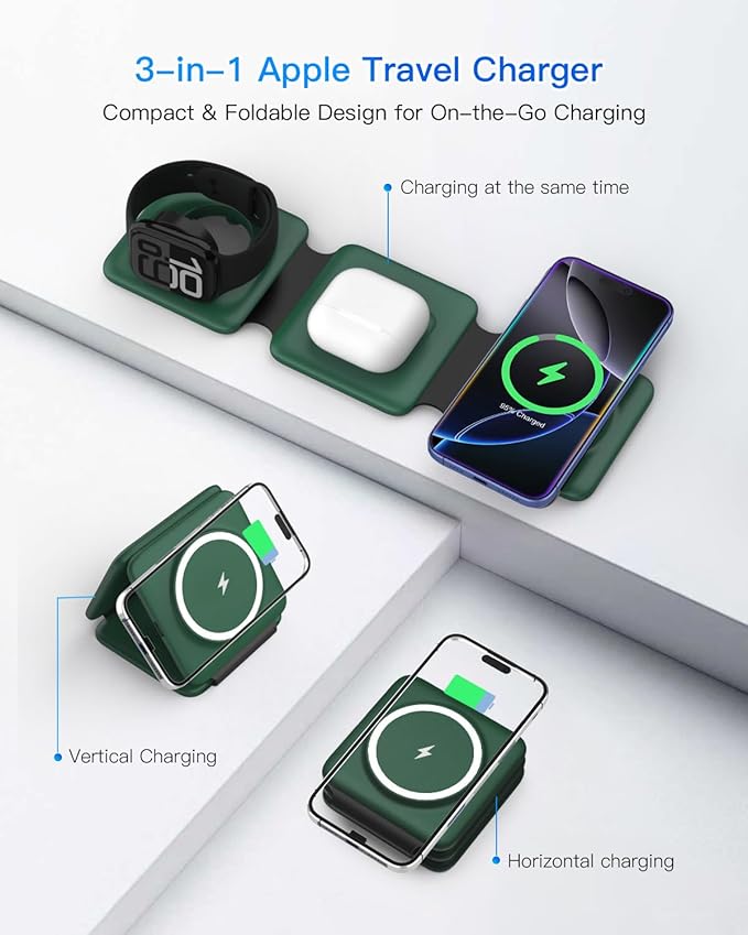 Iseyyox 3 in 1 Wireless Charger for iPhone - Foldable Charging Station Travel Charging Dock Compatible with iPhone 16 15 14 13 12 Pro Max Plus Watch & Airpods