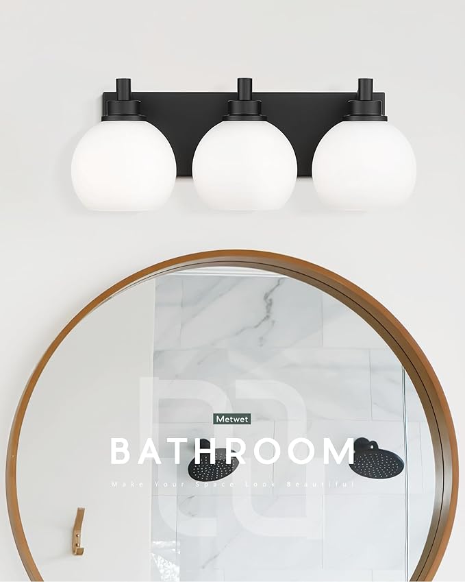 METWET Bathroom Light Fixtures, 3-Light Matte Black Vanity Light, Modern Wall Sconces with Milk White Globe Glass Shade, Vanity Lighting Fixtures Over Mirror, VL195-MB-ML-3