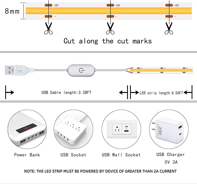 UVTaoYuan Led Strip Lights 5V USB 6.56ft/2m 640 LEDs Touch stepless Dimmable USB COB LED Strip Light 6000K White 10W Flexible 5v led Lights for Bedroom Kitchen,DIY Lighting Room Decor tv led Lights