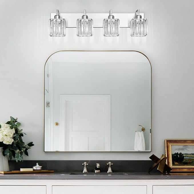 FDPBY Modern Bathroom Vanity Light 4-Lights Brushed Nickel Vanity Light Crystal Wall Light Bathroom Light Fixtures