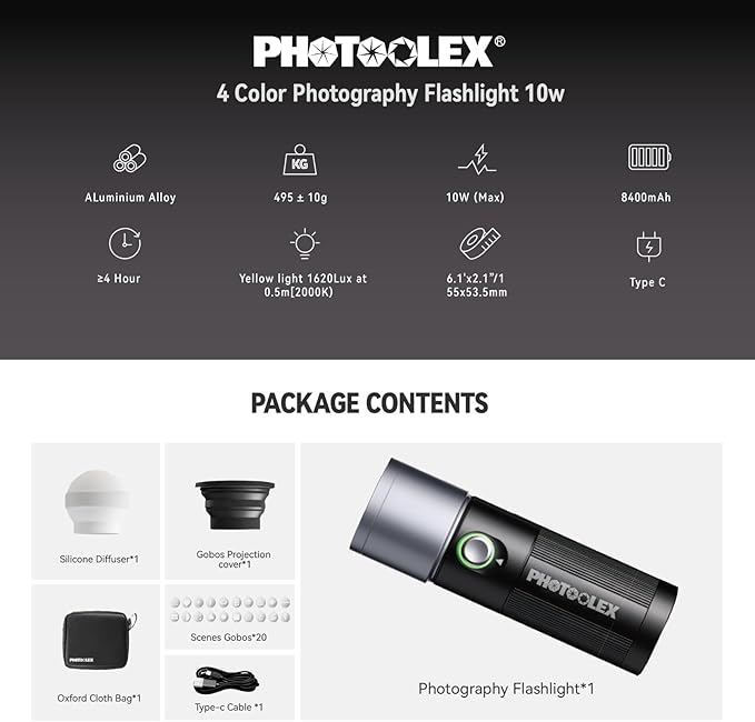 PHOTOOLEX 4 Colors Photography Flashlight with 20 Magnetic Pattern Gobos, 8400mAh Portable Spotlight, 10W LED Studio Light for Photo, Content Creation Accessories