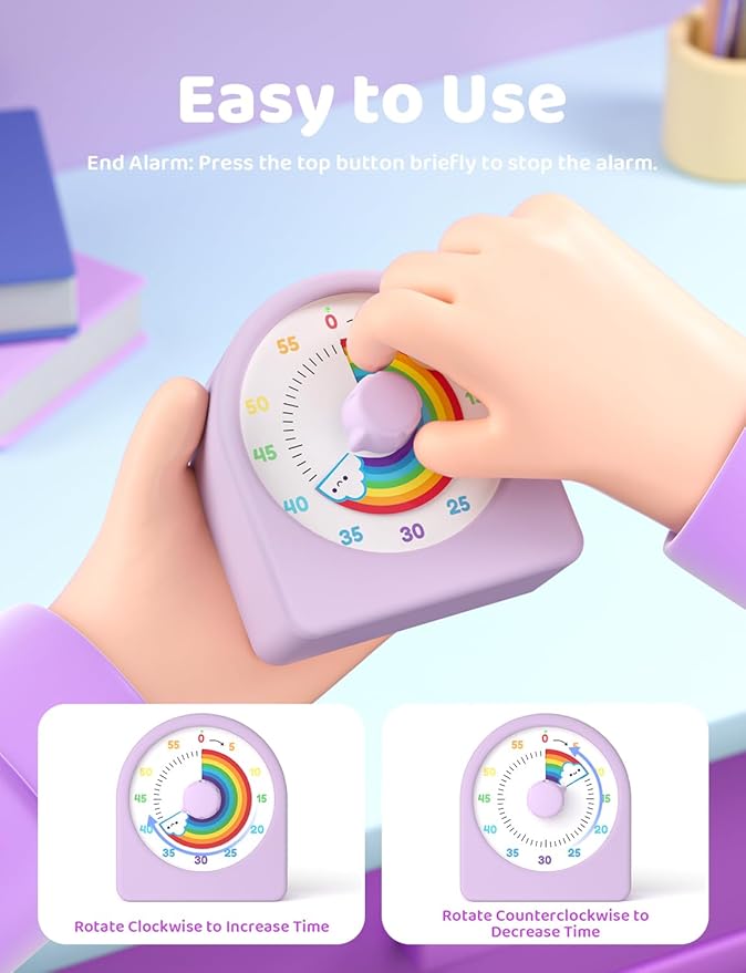 LIORQUE Visual Timer for Kids with Pause Function,Timer for Kids and Adults, Protective Case, Silent Time Management Tool, 60-Minute Countdown for Classroom, Office, Meetings, Study, Kitchen(Rainbow)