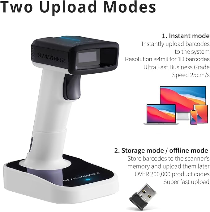 ScanAvenger Wireless Portable 1D&2D with Stand Bluetooth Barcode Scanner: Hand Scanner 3-in-1, Cordless, Rechargeable Scan Gun for Inventory - USB Bar Code/QR Reader (1D&2D Upgraded Next Gen Stand)