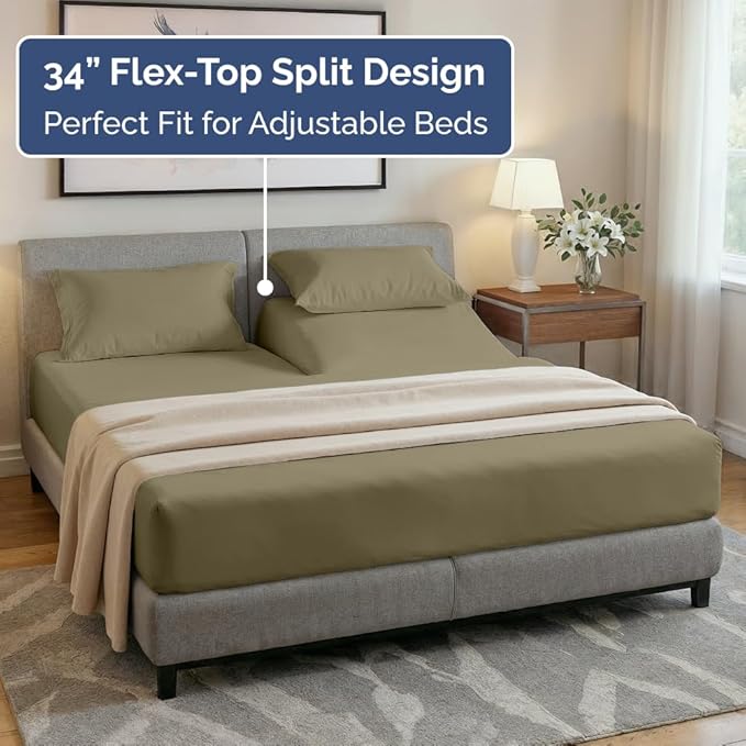 Split Head King Sheet Set – 4 Piece Flex Split Top King Sheets for Adjustable Beds - Fits 14” to 16" Mattress w/ Deep Pockets - Ultra-Soft, Breathable & Cooling - Luxury Bedding & Wrinkle Free - Khaki