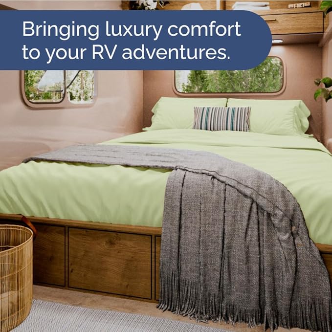 RV Short Queen Sheet Set 60 X 75 - 4 Piece RV Short Queen Bed Sheets - Soft, Breathable & Cooling - Designed for Bunks, Trailers & Campers - Fits 8” to 12" Mattress - Luxury Bedding - Light Sage Green