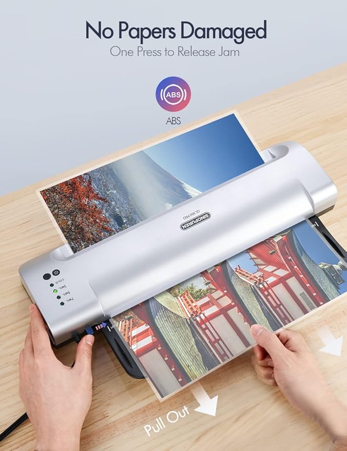 SINOPUREN 13-Inch Thermal & Cold Laminator Machine, Quick Warm-Up, 3 Temp Settings, Jam-Free ABS, Built-in Paper Trimmer & Corner Rounder, 10 Laminating Pouches, for Home Office School