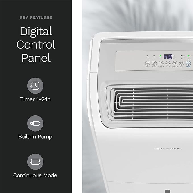 hOmeLabs Dehumidifier for Home, Office, Basements with Powerful Moisture Removal, Humidity Control, Auto Shut-off, Quiet Operation - 6,000 Sq Ft Rooms (40 Pint MAX 104 Pint at 95°F, 90% RH) with Pump
