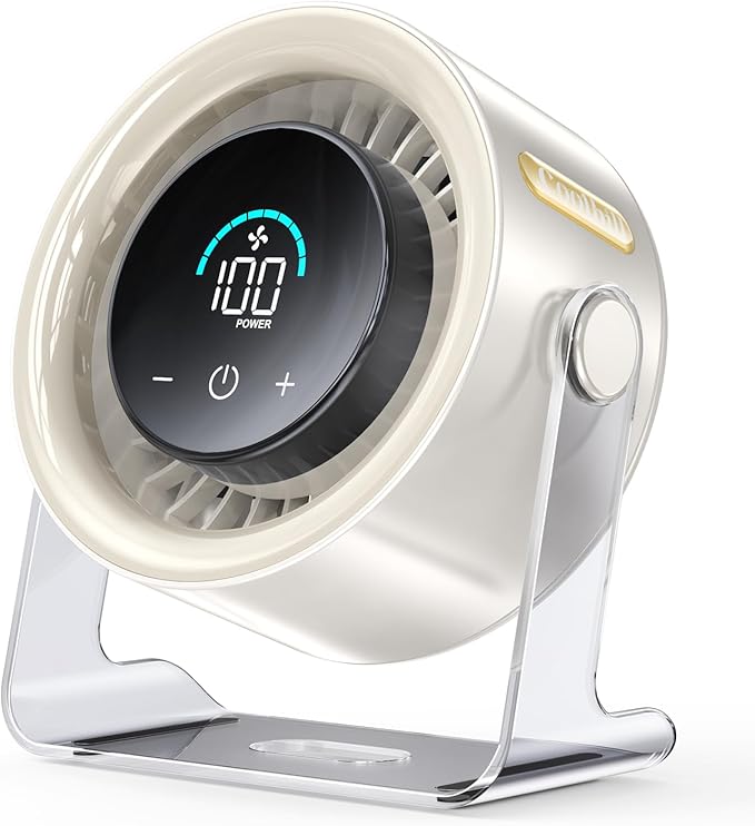 Coolhill USB Desk Fan for Bedroom: 100 Speeds Digital Display Quiet Table Fan with Turbo Airflow, 120° Rotating Small Rechargeable Battery Desktop Fans for Bedroom Home Office (White)
