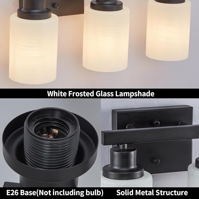 DIKAIDA 3-Light Bathroom Light Fixtures Over Mirror, Modern Matte Black Vanity Lights with White Frosted Glass Shade, Bathroom Wall Lamp Sconces for Mirror Bedroom, Living Room Hallway