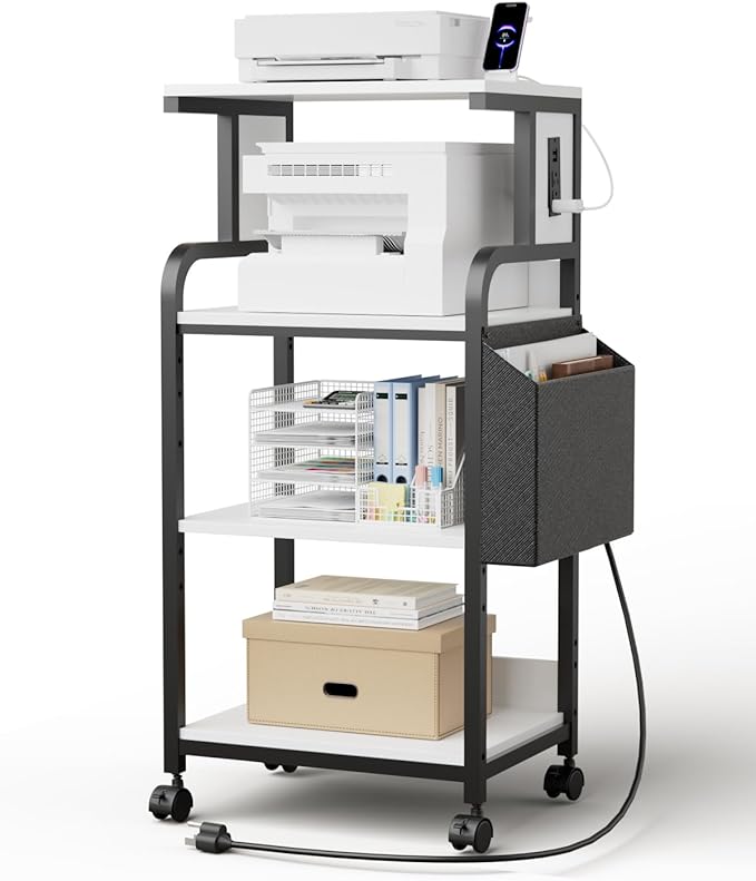 DongRong Tall Printer Stand with Storage Adjustable Shelf and Bag, 4-Tier Large Printer Table with Charging Station for Home Office, Printers Cart with Wheels for 3D Shredder Scanner Fax (White)