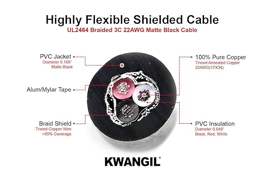 KWANGIL 3C 22AWG AMSB Shielded Cable Wire (UL2464) - Highly Flexible Str TC, PVC Ins, OS+TC BRD, PVC JKT for CNC Machine, Stepper Motor, VFD Spindle (Matte Black 25FT)
