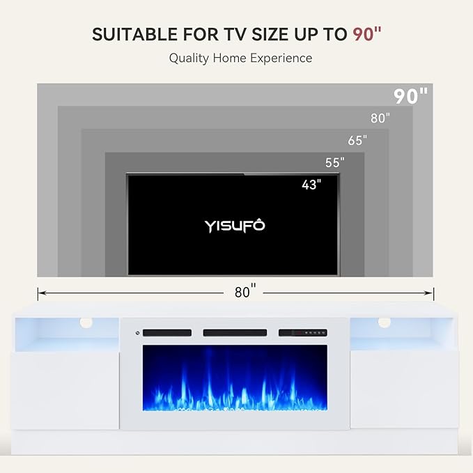 YISUFO 80” TV Stand with 36” Electric Fireplace, Large Modern Media Entertainment Center with Storage Cabinet and 12 Colors LED Lights for TVs Up to 90",All Black