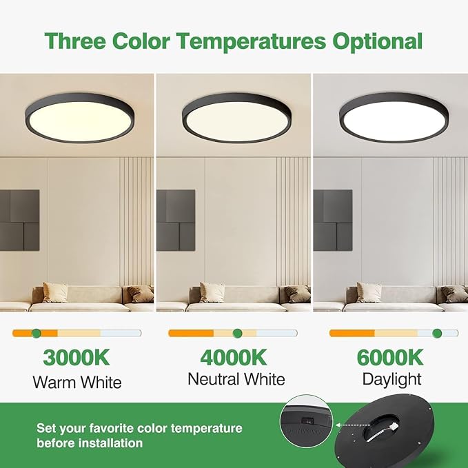 4PK 15.8 Inch Black LED Flush Mount Ceiling Light, 32W, 3480LM, 3000K/4000K/6000K CCT Selectable, Round Flat Panel Light Low Profile Ceiling Light Fitures for Hallway, Kitchen, Bedroom, Laundry Room