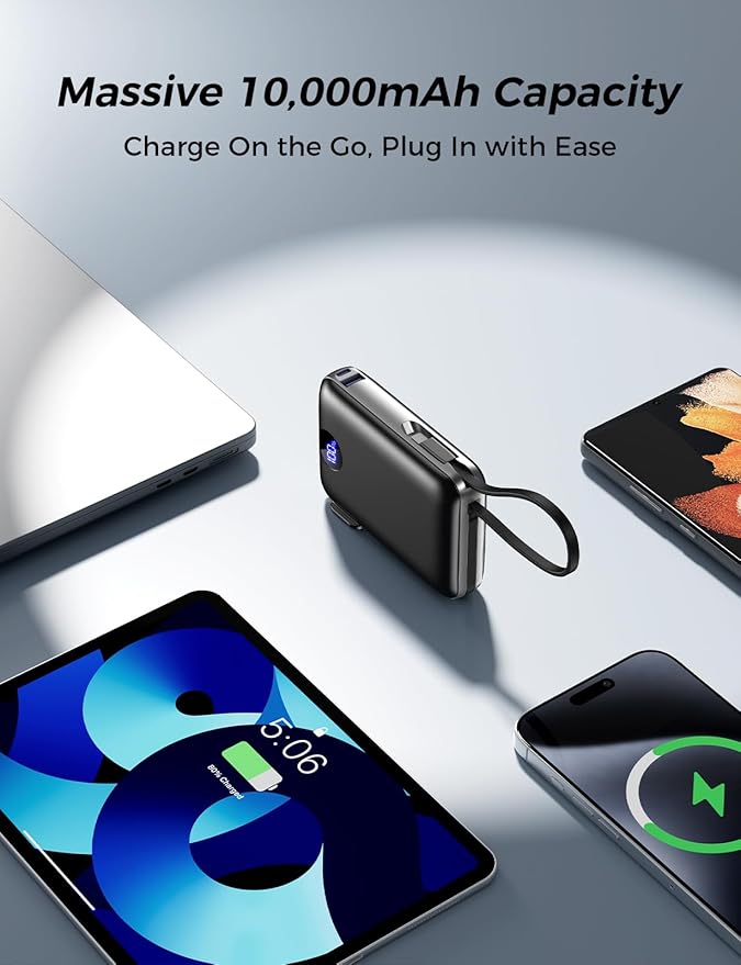 Portable Charger with Built in Cables & Wall Plug,10000mAh Power Bank, 4 Outputs,22.5W USB C Fast Charging,Slim Travel Essential Battery Pack with LED Display for iPhone 17/16/15/14 Series,Black