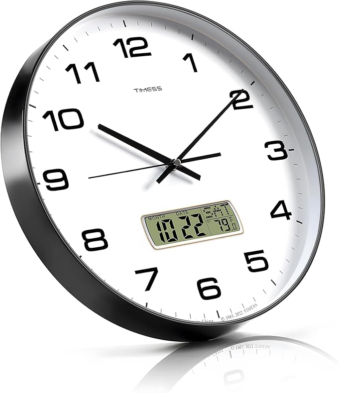 TIMESS Wall Clock, 12" Dial Non-Ticking Silent Battery Operated Analog with LCD Display for Perpetual Calendar and F° Temperature, Ideal Modern Home, Bedroom, Kitchen, Office Decor (Black)