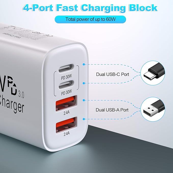 60W USB C Charger Block Fast Charging,2Pack 4Port Type C Charger Fast Charging Blocks 2 Type-C & 2 USB-A Ports Power Adapter for iPhone 17/17 Air/16/15/14/13/12/11 Pro Max/XS/XR/8/7/6,iPad,Samsung