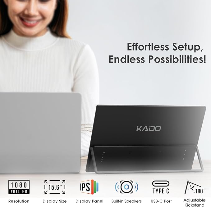 Kado Portable Monitor 15.6-inch FHD 1080p, 45W Reverse Charging Ultra-Slim Laptop Monitor 1920x1080 with Built-in Speakers, IPS Display 180° Kickstand for PC, Mac, Phone, Xbox, PS5, USB-C & Mini HDMI