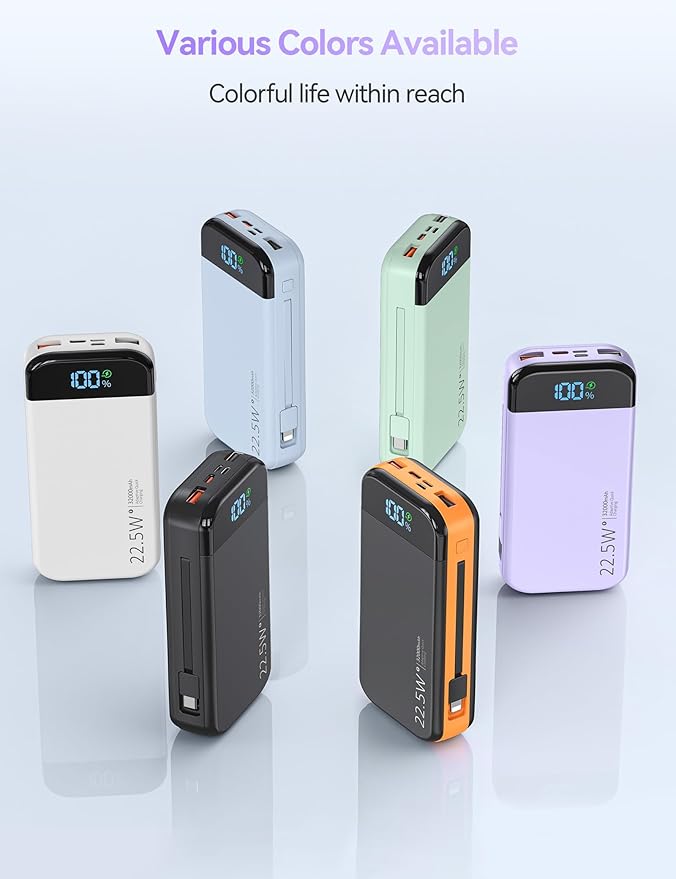 LENGSUM Portable Charger Power Bank Built-in Cables, 32000mAh 22.5W USB C Fast Charging, 5 Outputs 3 Inputs Travel Essentials Battery Pack Compatible with iPhone, iPad, Samsung, Google Pixel, Purple