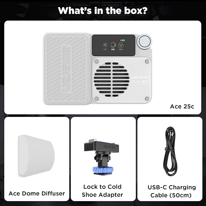 Amaran Ace 25c Pocket RGBWW LED Light, Boost Mode Up to 32W, Full-Color Mini Video Light (2,300-10,000K), 1,171 Lux@1m at 5,600K, 4500mAh Battery with PD Fast Charging for Mobile Creators (White)