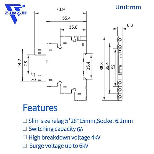 (10Pcs) 12V Relay Din Rail; Silm Relay 12V DC/AC 6Amp 5Pin 1NO 1NC SPDT with LED Indicator, Socket, Jumper DIN Rail Mount 12 Volt UL Listed
