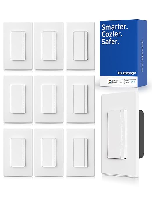 ELEGRP Smart Dimmer Light Switch DPR30, 2.4GHz Wi-Fi Dimmer Switch Compatible with Alexa/Google Assistant, Single Pole/3 Way, Needs Neutral Wire, No Hub Required, UL and FCC Listed, White, 10 Pack