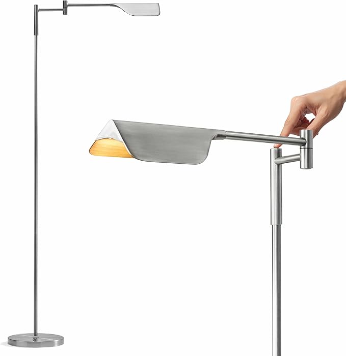 Brightech Leaf Pharmacy LED Reading Lamp, Dimmable Floor Lamp with Easy Adjustable Rotation Over Chair or Desk for Living Room, Work Light for Office, Modern Minimalist Home Decor - Platinum Silver