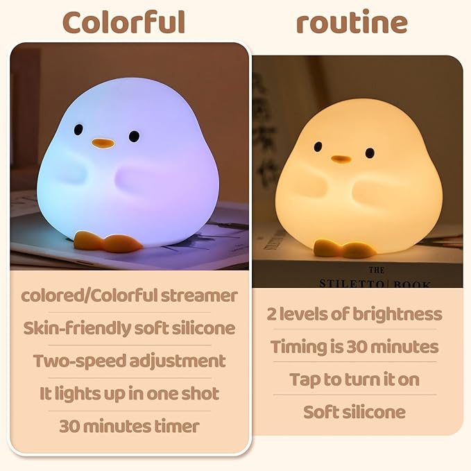 Rytinazzz Duck Night Light, Color Changing Mode & 50-Hour Battery, Squishy Silicone Lamp for Kids Room, USB Rechargeable with Timer, Valentines Gifts