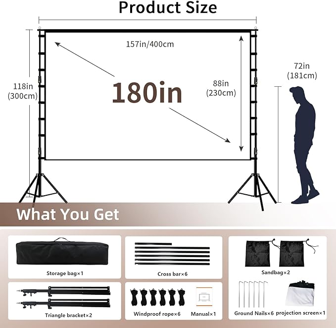 Projector Screen with Stand, Wootfairy 180 inch Portable and Foldable Projection Screen 4K HD 16:9 Rear Front Wrinkle-Free Movie Screen with Carry Bag for Indoor Outdoor Home Theater Backyard Cinema