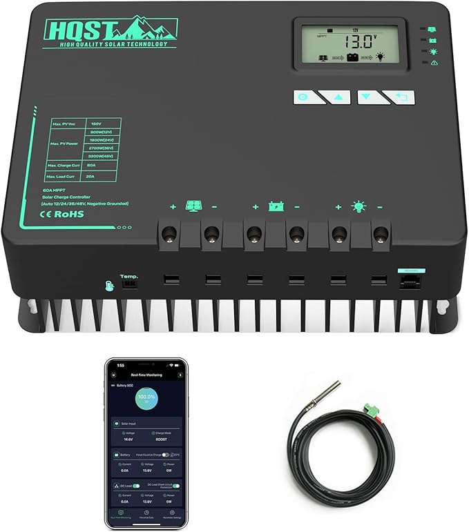 HQST 60 Amp MPPT Solar Charge Controller 12V/24V/36V/48V Negative Grounded Controller with Built-in Bluetooth and Lithium Battery Low Temperature Protection Function, Support Two Units in Parallel