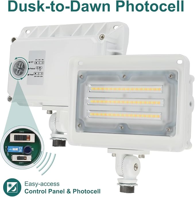 kadision LED Flood Light 50W/40W/30W, 3CCT 3000K/4000K/5000K Selectable, Dusk-to-Dawn Photocell, IP65 Waterproof Adjustable Knuckle Mount Security Lights, 100-277V ETL Listed, White 1-Pack