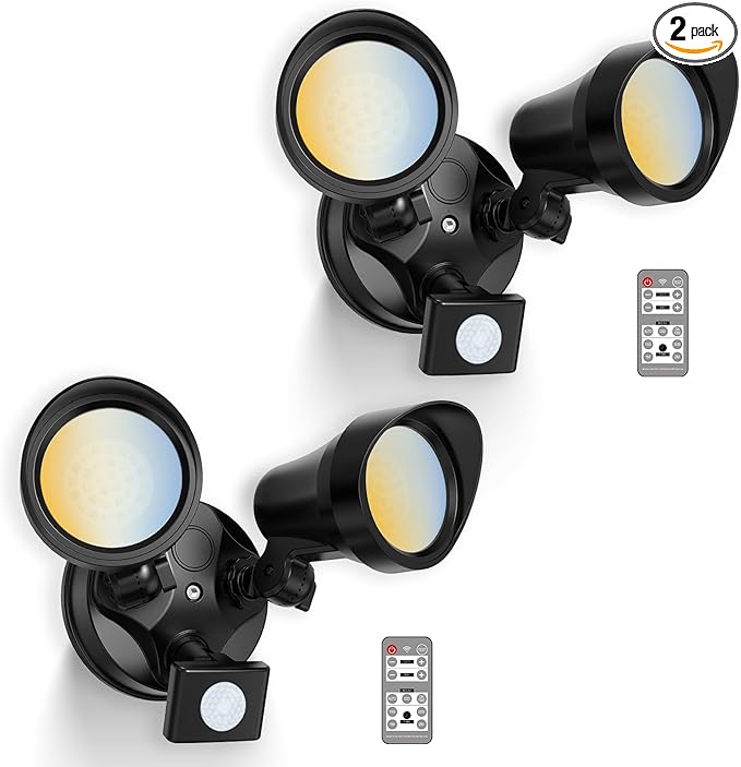 ALUSSO LED Security Lights Motion Sensor, 25W 2000LM Flood Lights Outdoor Motion Sensor with Remote, Dimmable Brightness 3000K-6500K CCT IP65 Security Light ETL Listed for House Garage Yard, 2 Pack