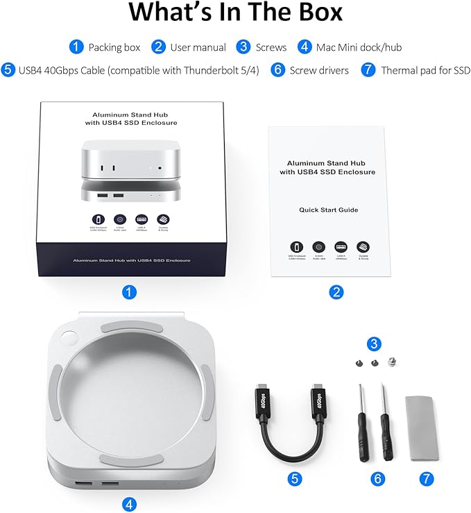 Akkyajaure 40Gbps USB4 Hub & Stand for Mac mini M4/M4 Pro, All-Aluminum Docking Station with 40Gbps M.2 SSD (NVMe PCle) Enclosure, 3*USB 2.0, 3.5mm Audio, USB4 Host | Mac mini M4 USB-4 Dock