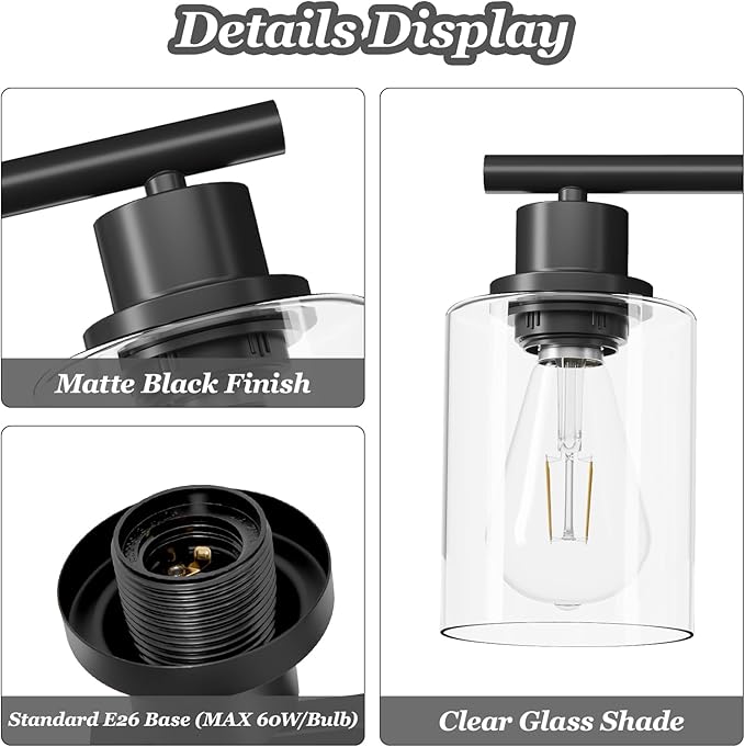 Guliaofo 5-Light Black Bathroom Vanity Lights, E26 Modern Bathroom Light Fixtures with Clear Glass Shade, Mirror Kitchen Hallway Cabinet Living Room Sconces Wall Lights