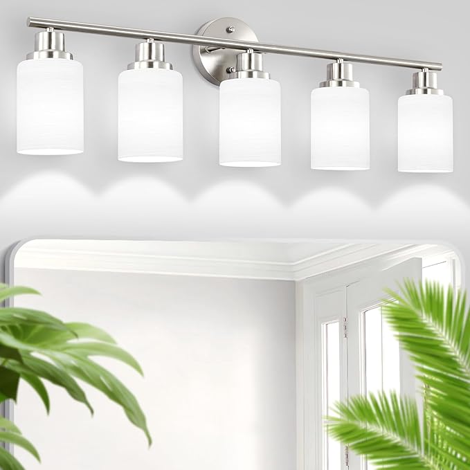 Guliaofo 5-Light Brushed Nickel Vanity Lights, Bathroom Light Fixtures with Textured Milky White Glass Shade, Modern Bathroom Lighting Fixtures Over Mirror Wall Sconce Light - E26 Base