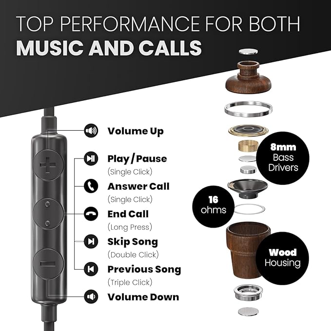 Symphonized iPhone Earphones Wired Deep Bass Sound, 3D Sound, Microphone Volume Control, 90% Noise Cancelling, Bubinga Wooden with Lightning (Apple MFI Certified), iPhone SE to 14 Earbuds (Black)