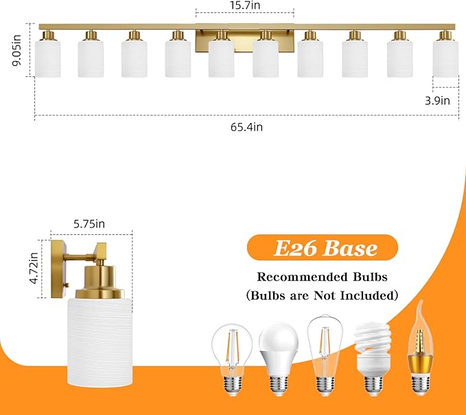 DIKAIDA Gold Bathroom Vanity Light,10-Light Brushed Gold Bathroom Light Fixtures with White Frosted Glass,64.5in Wall Lamp Sconces for Mirror Bedroom,Living Room Hallway,E26