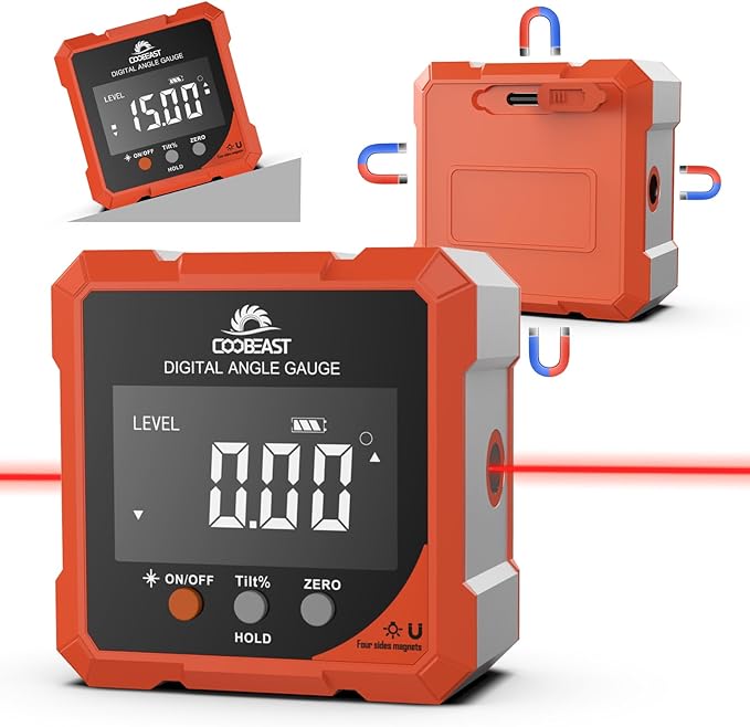 Digital Angle Finder with Laser, 4-side Magnetic Digital Angle Gauge, Rechargeable Mini Digital Laser Level Measuring Tool, Cube Inclinometer with Backlight for Woodworking Tablesaw Gift for Men